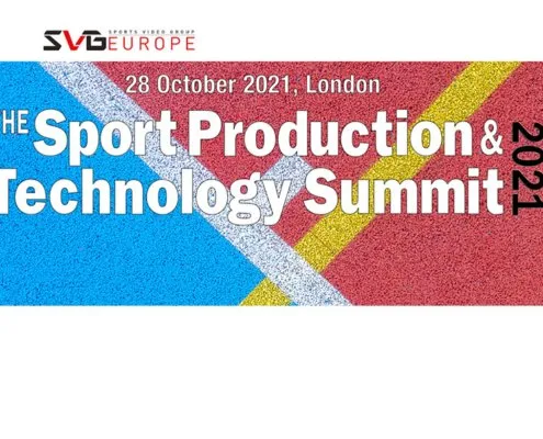 Sport Production and Technology Summit 2021 banner with event date 28 October 2021, London, and colorful geometric background.