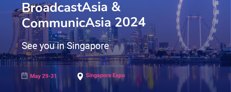 Singapore skyline at dusk with Marina Bay Sands and the Singapore Flyer, event details for BroadcastAsia & CommunicAsia 2024.