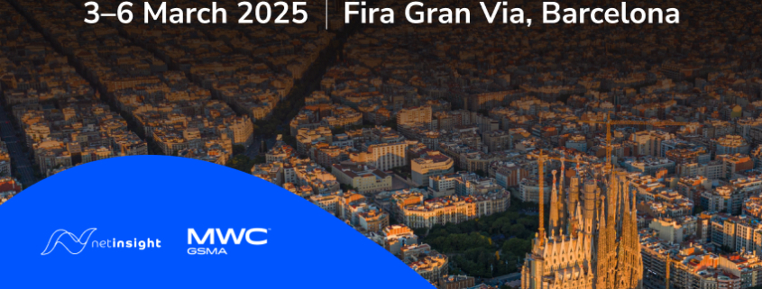 Aerial view of Barcelona with the Sagrada Familia at sunset and event details for MWC25 from March 3-6, 2025.